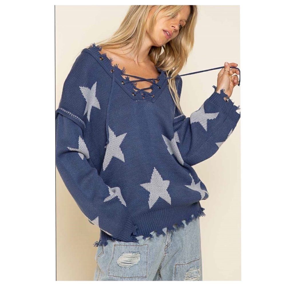 ๐
บPOL Bohemian sweater with tattered raw edges, and Lace up front and back - Picture 3 of 15